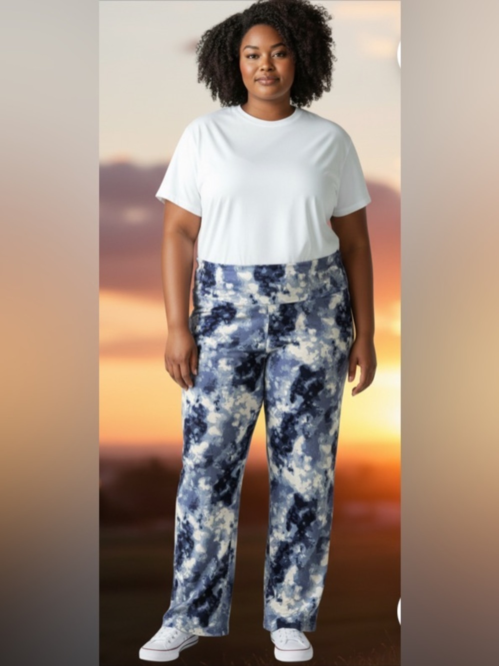 New- XL Blue  tie-dye soft fold over waist Straight & wide Leg yoga pants